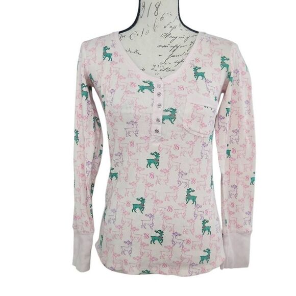 Victoria's Secret Women's Size Small Pink VTN  Reindeer Print Thermal Henley Top - Picture 1 of 6